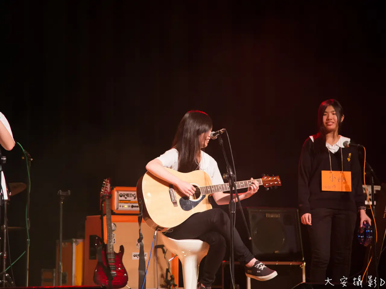 In this picture there are three girls on the stage those who are singing the songs, there is a...