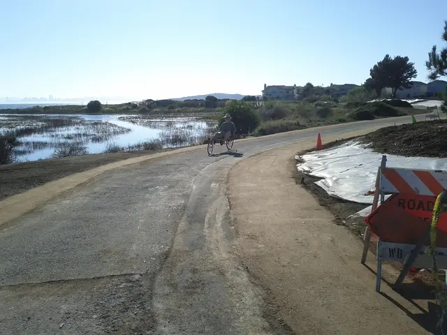 In this picture there is a man on the vehicle and the vehicle is on the road. On the right side of...