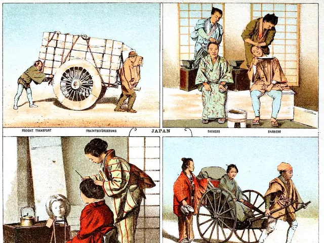 This looks like a collage picture. It looks like a painting. I can see few people standing and few...