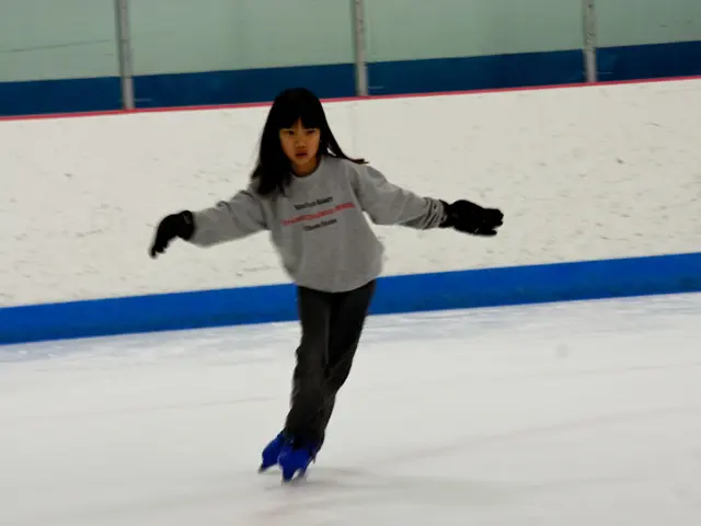 In this image, we can see a person wearing clothes and skating on ice. There are polls at the top...